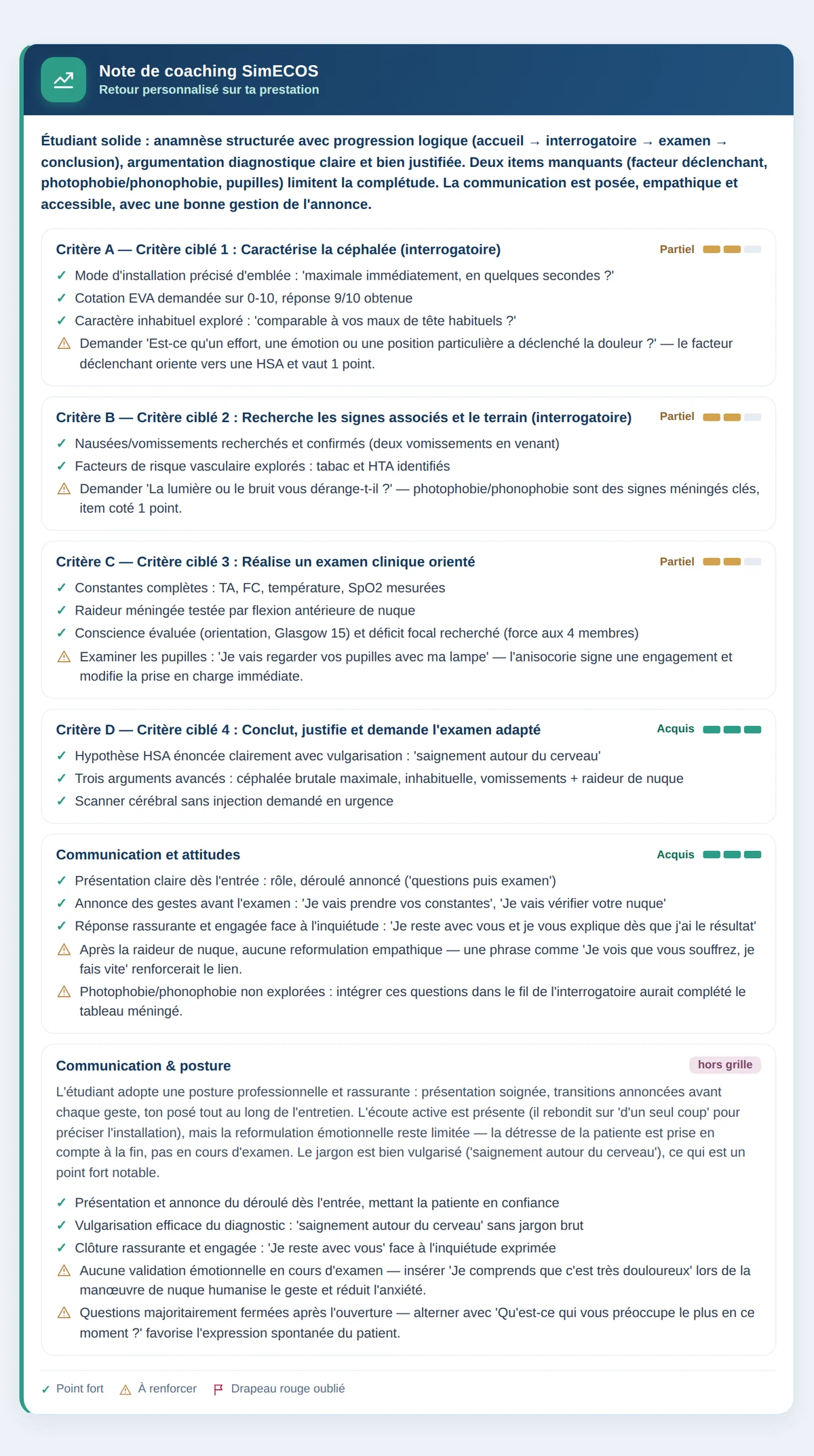 Note de coaching SimECOS : synthèse, points forts et points à renforcer critère par critère, drapeaux rouges oubliés